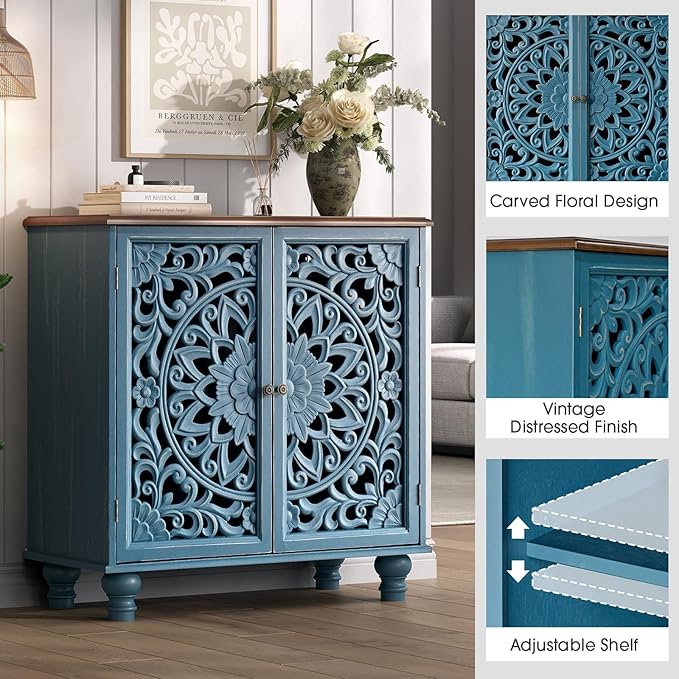 JOINICE Blue Accent Cabinet with Carved Doors, 31" Storage Cabinet for Entryway & Living Room, Vintage Sideboard Buffet Table with Adjustable Shelf, Solid Wood Legs, Boho Home Decor