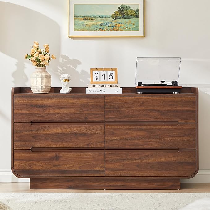Curved 6 Drawer Dresser for Bedroom, Modern 53-Inch Chest of Drawers, Wood Storage Dresser Organizers with Hidden Handles, 6 Drawer Dressers for Bedroom, Nursery, Living Room, Walnut
