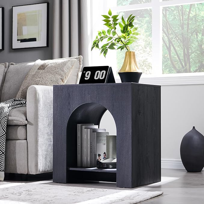 Arched End Table with Type-C Charging Station, 22" Modern Bedroom NightStand with Arched Open Shelf, Night Table with Outlet, USB, Type-C Port for Bedroom, Dark Grey