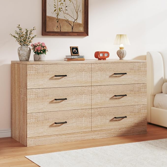 Dresser for Bedroom with 6 Drawers, Wooden Dresser with Metal Handles, Mid Century Modern Bedroom Dressers, Large Storage Organizer for Entryway, Light Oak