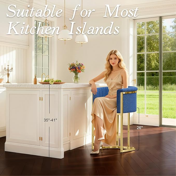 26" Modern Counter Height Bar Stools,Accent Barstools with Arms,Kitchen Island Chairs,PU Leather Upholstered Barrel Bar stools with Backs,Mirror Champagne Gold Base/Blue Linen