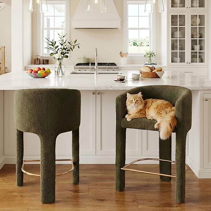 HNY Modern Counter Height Bar Stools, 26”H Barrel Counter Stools for Kitchen Counter, Upholstered Barstools with Back and Armrest, Sherpa Bar Stools for Kitchen Island,Home Bar Furniture, Green