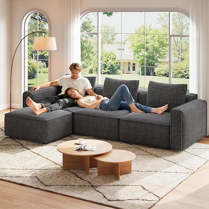 Welzona 103" Modular Sectional Sofa, Minimalist Comfy Cloud Couch Sectional, Tool-Free Setup Couches for Living Room, Wood Frame l Shaped Couch with Ottoman, 22" Deep Seat Chenille Cloud Sofa