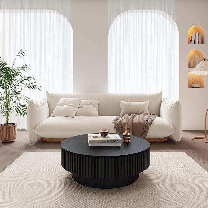 39.37'' Round Coffee Table with Storage, Modern Fluted Circle Coffee Table Unique Drum Low Center Tea Table with Solid Wood Veneered for Living Room Small Space, Mesas De Centro para Sala, Black