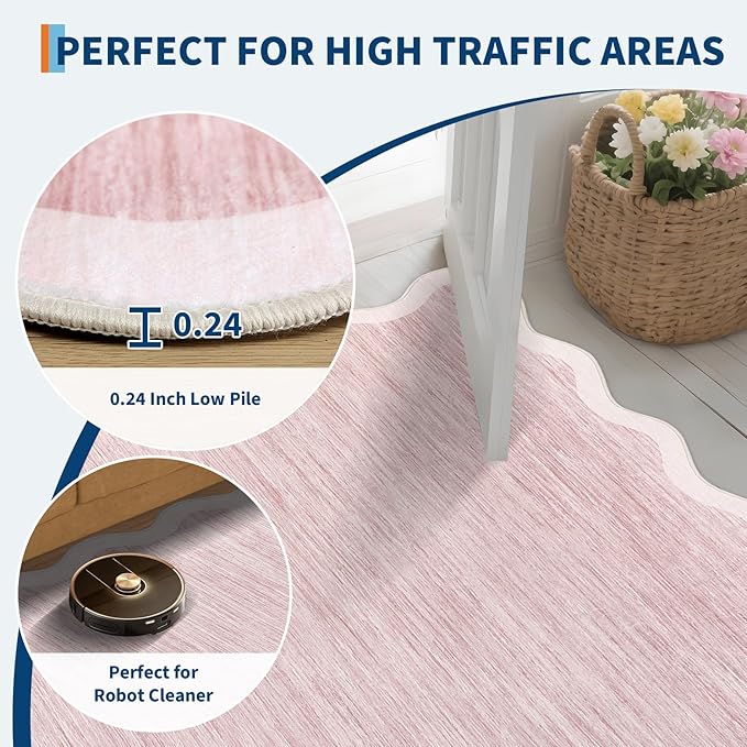 GarveeHome Scalloped Washable Rug 6x9 Area Rugs for Living Room Modern Pink Abstract Nursery Rug Large Area Rug for Bedroom Non Slip Throw Rugs Soft Low Pile Stain Resistant Carpet for Classroom 6'x9'