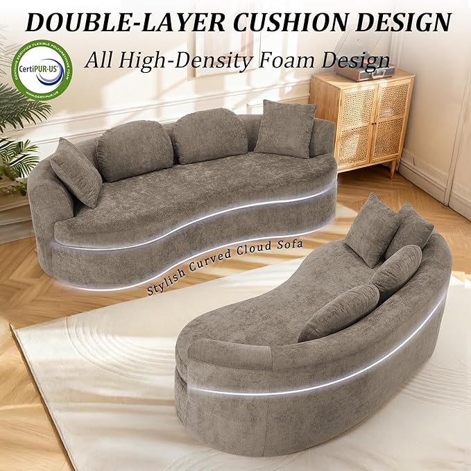95” Modern Curved Sofa, Chenille Fabric Comfy Cloud Couch, No Assembly Required Half Moon Couch with Deep Seat, 4 Pillows for Living Room, Apartment, Bedroom