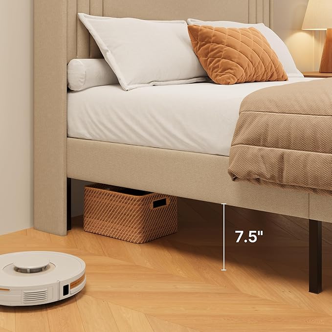 Gizoon Full Bed Frame with Charging Station and LED Lights,Upholstered Wingback Platform Bed with Wooden Slats,Noise-Free,No Box Spring Needed