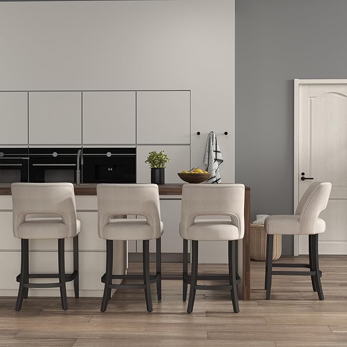 VKNOW Bar Stools Set of 4, 26" Upholstered Counter Height Bar Stools, Modern Counter Stools with Black Legs for Kitchen Island Dining Room Bar, Beige-Black Legs