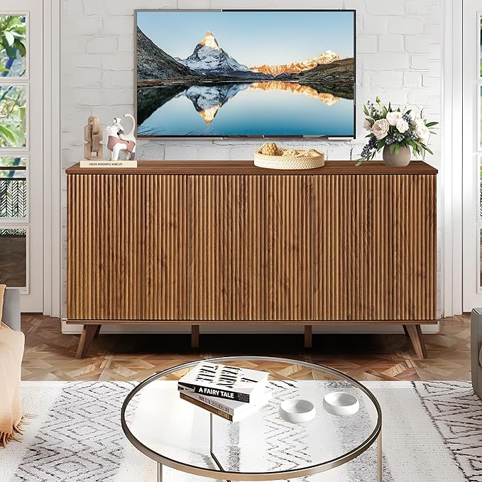 XUZENEST Fluted Sideboard Buffet Cabinet with Storage, Modern Storage Cabinet with 3 Doors, Wood Credenza Buffet Sideboards, Console Table for Kitchen Dining Living Room Entryway (Walnut)