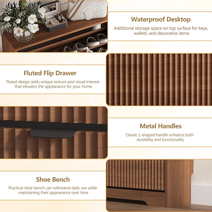 Shoe Cabinet Storage for Entryway with 6 Flip Drawers, Walnut Fluted Shoe Cabinet with Adjustable Shelves, Wooden Hidden Shoe Rack Freestanding Narrow Slim Shoes Storage for Hallway, Entrance
