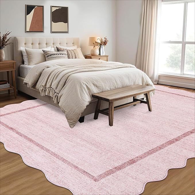 GarveeHome Scalloped Washable Area Rugs 8x10 Rugs for Living Room Modern Bedroom Rug Large Area Rug Non Slip Throw Rugs Soft Low Pile Stain Resistant Carpet for Classroom Dining Room 8'x10' Pink