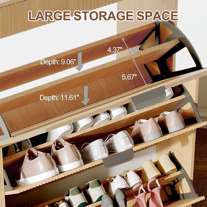 IDEALHOUSE Modern Shoe Cabinet with 3 Flip Drawers & 2 Small Drawers & Hook, Slim Fluted Shoe Storage Organizer, Narrow Entryway Cabinet for Apartment, (Wood Color, 3 Flip Drawers)