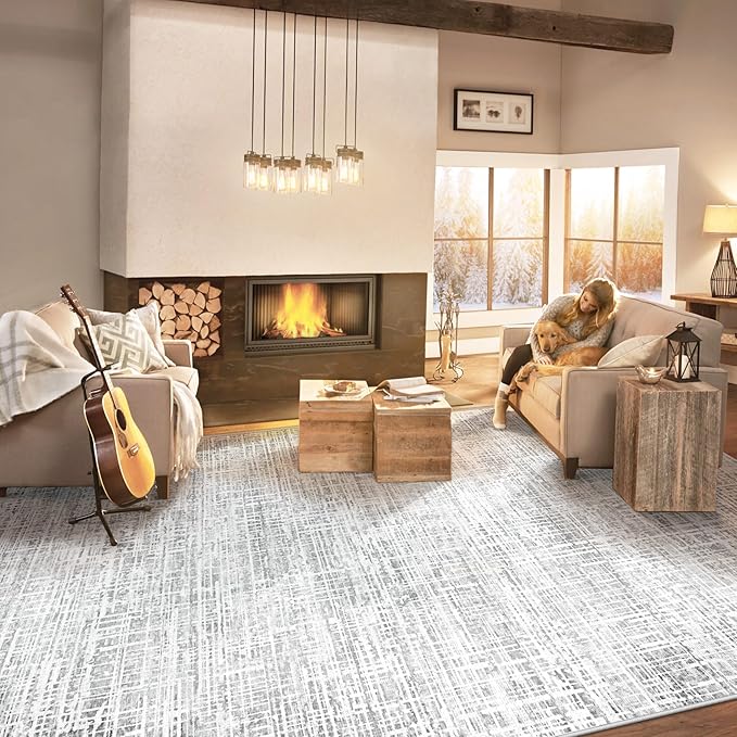8x10 Area Rugs Washable Rug, Abstract Living Room Rug Large Neutral Modern Area Rug Soft Non Slip Low Pile Stain Resistant Indoor Carpet for Bedroom Nursery Kids Dining Room Office(Grey, 8'x10')
