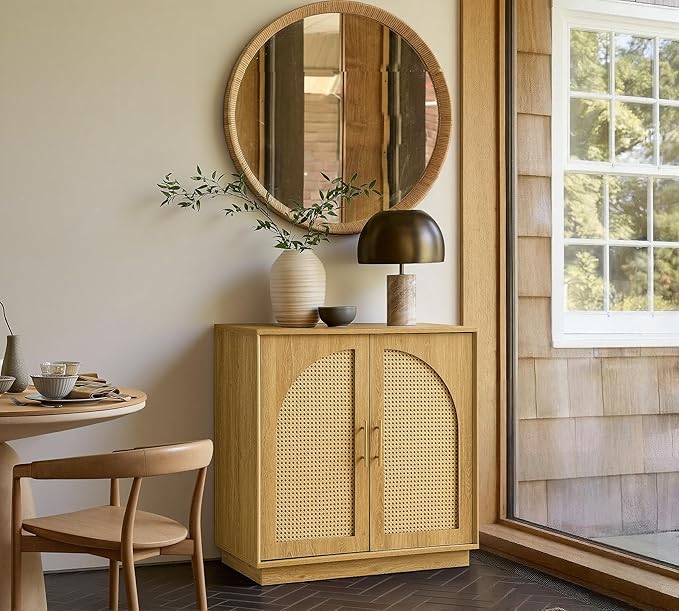 FORTUNETEC Sideboard Buffet Cabinet with Storage Set of 3, Modern Accent Cabinet with Rattan Arched Doors, Modular Media Console, Boho Credenza for Living Room Kitchen Dining Room Entryway, Oak