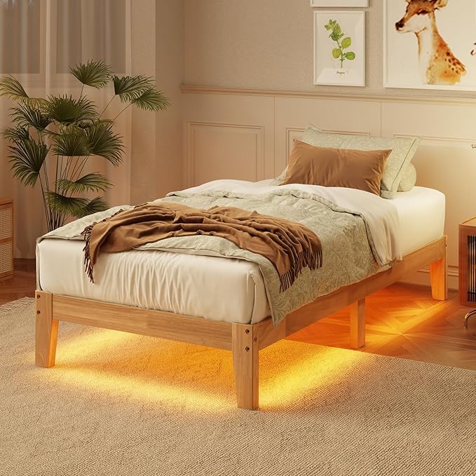 Twin Size Solid Wood Platform Bed with Led Light - Noise-Free Design with Metal and Wood Slat Support, No Box Spring Needed, Easy Assembly, Natural Wood Finish