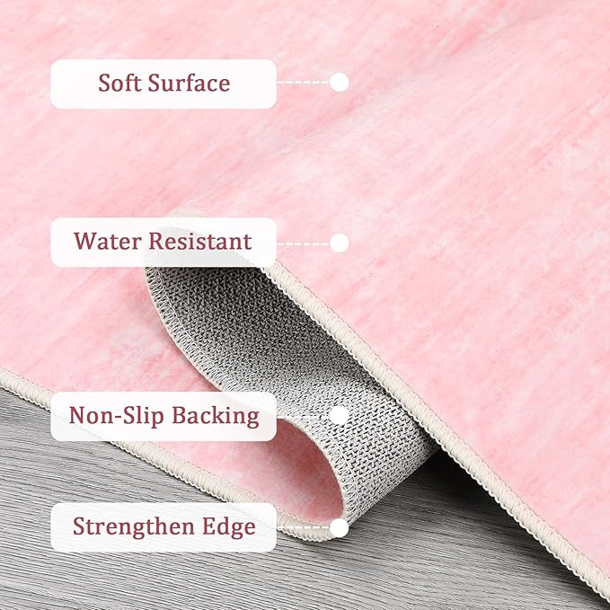 RUGSREAL 2x6 Runner Rug Washable Kitchen Runner Rug Modern Abstract Runner Mat for Hallway Contemporary Solid Rug Non-Slip Foldable Aesthetic Accent Floor Carpet for Living Room Bedroom, Pink