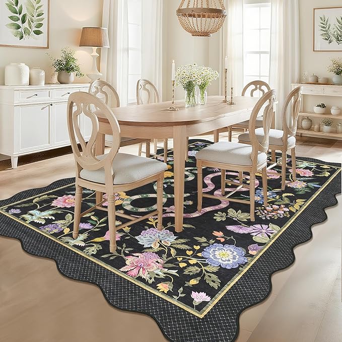 Garvee Washable 9x12 Area Rugs for Living Room Non Slip Botanical Snake Rugs for Bedroom, Boho Scalloped Stain-Resistant Dining Room Rug for Under Table Carpet for Home Office Playroom Farmhouse,Black