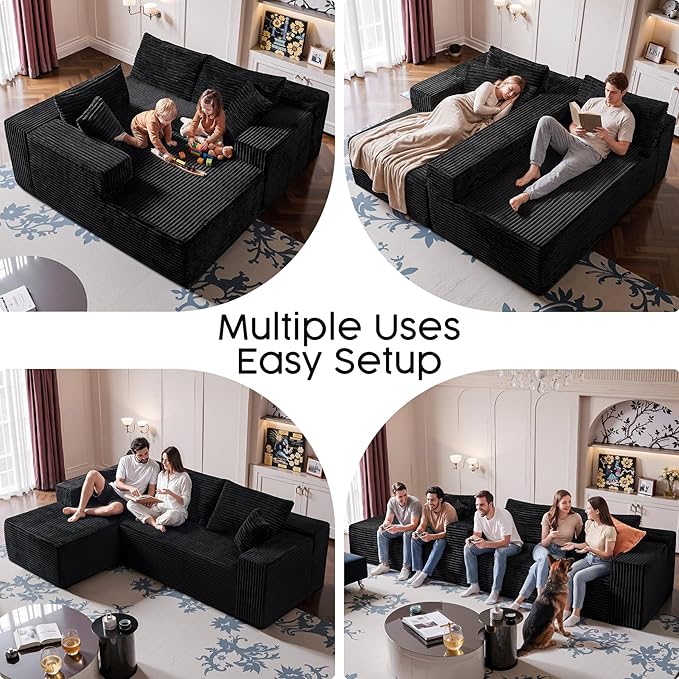 Black Sectional Couch for Living Room - 108" Modular Cloud Sofa with Chaise, Ultra Soft Corduroy L-Shaped Large Couches, Boneless Deep Seat Sectional Couch, No Assembly Required (Right Facing Chaise)