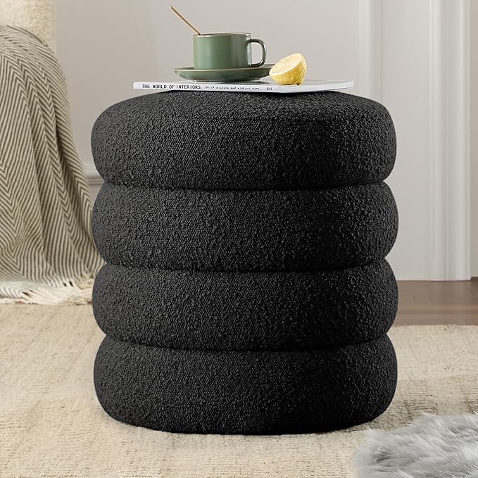 Krcix Round Ottoman with Storage Boucle Ottoman Stool with Storage Removable Lid for Living Room Modern Vanity Sorage Stool Foot Rest Bedroom Dorm Gift Set of 1 (Black)