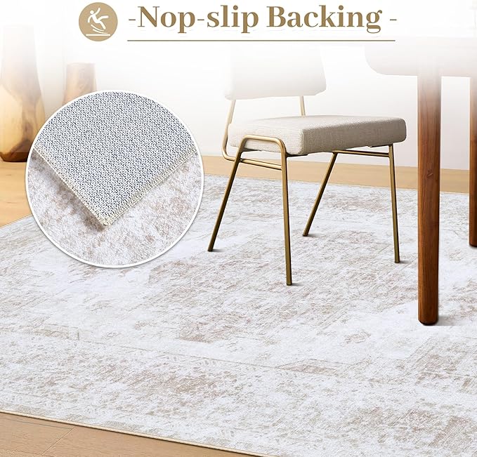 XLUEZ Area Rug 10x12 Living Room Rug, Machine Washable Vintage Distressed Medallion Rug Non-Slip Soft Low Pile Large Indoor Rugs for Bedroom Kitchen Dining Room Office(Beige,10'x12')