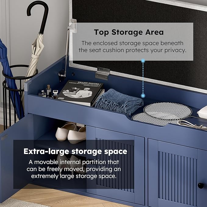 47.2" Storage Bench - Entryway Shoe Bench with 4 Doors and Top Storage Area, Multifunctional Entryway Bench with Lift Top Cushion, Shoe Storage Bench for Bedroom, Living Room, Blue