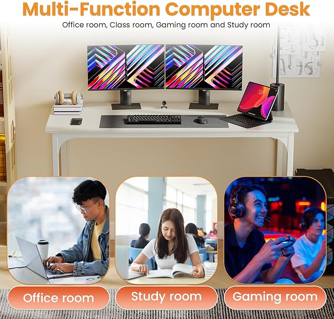 PayLessHere | 47 Inch Computer Desk | White | Office Desk with Metal Frame, Adjustable Feet | Water-Resistant, Scratchproof Surface | Sturdy Writing Table for Home Office or Study | Pack of 1