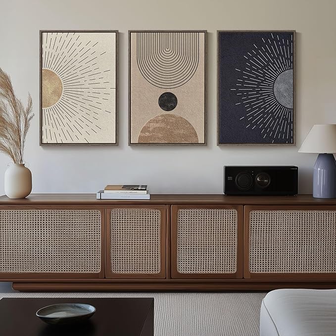 Framed Large Boho Neutral Abstract Wall Art for Living Room, Black Beige Sun and Moon Paintings Prints for Hallway Office, Set of 3 Piece Modern Minimalist Canvas Artwork Pictures 24x36 Inch