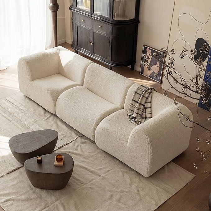 110" 3-Seater Modular Sectional Sofa, Sherpa Cloud Couch with Deep Seat Comfort, Boneless Curved Sofas with High-Density Foam Strong Support, Modern Cozy Sofa for Living Room – No Assembly, White