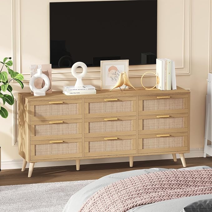 Rovaurx 9 Drawer Double Dresser for Bedroom, Rattan Chest of Dressers, Modern Wooden Dresser Chest with Golden Handles, Beside Table for Closet, Living Room and Entryway, Natural