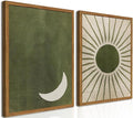 Framed Boho Sun and Moon Canvas Wall Art Set of 2, Vintage Sage Green Bohemian Pictures Wall Decor, Mid Century Modern Abstract Minimalist Paintings Prints for Living Room Bedroom Office 16x24 inch