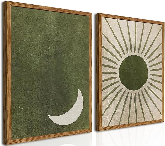 Framed Boho Sun and Moon Canvas Wall Art Set of 2, Vintage Sage Green Bohemian Pictures Wall Decor, Mid Century Modern Abstract Minimalist Paintings Prints for Living Room Bedroom Office 12x16 inch