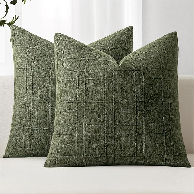 MIULEE Decorative Linen Check Euro Shams Throw Pillow Covers Neutral Farmhouse Vintage Spring Pillow Covers 28x28 Set of 2 Boho Modern Home Decor for Sofa Couch Bedroom Cushion Dark Olive Green