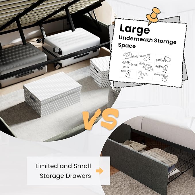 SHA CERLIN Queen Size Lift Up Storage Bed/Modern Wingback Headboard/Upholstered Platform Bed Frame/Hydraulic Storage/No Box Spring Needed/Wood Slats Support/Dark Grey