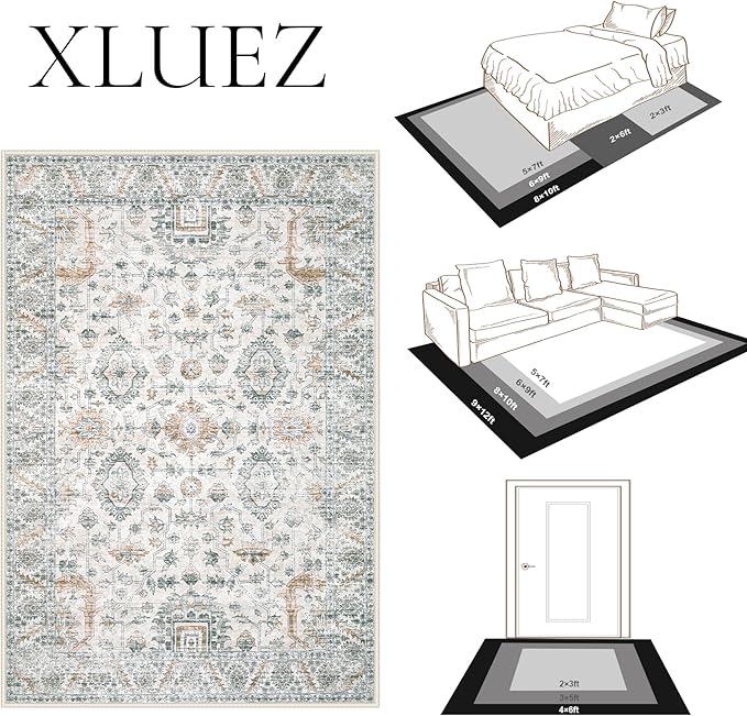 XLUEZ Area Rug 9x12 Living Room Rug, Machine Washable Vintage Distressed Boho Area Rug Non-Slip Soft Low Pile Large Indoor Rugs for Bedroom Kitchen Dining Room Office(Brown Green,9'x12')