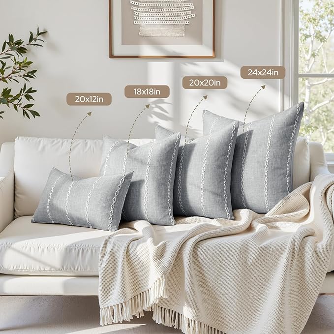 HOMEIDEAS Decorative Striped Throw Pillow Covers 20x12 Set of 2, Grey Farmhouse Pillow Covers, Neutral Faux Linen Cushion Covers for Couch Sofa Bed Home Decor