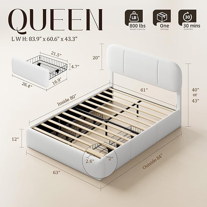 Queen Size Bed Frame with Storage, Boucle Cloud Bed with 4 Locking Drawers & LED Lights, Modern Upholstered Platform Bed, Plush Sides & Footboard, Adjustable Headboard, No Box Spring, White