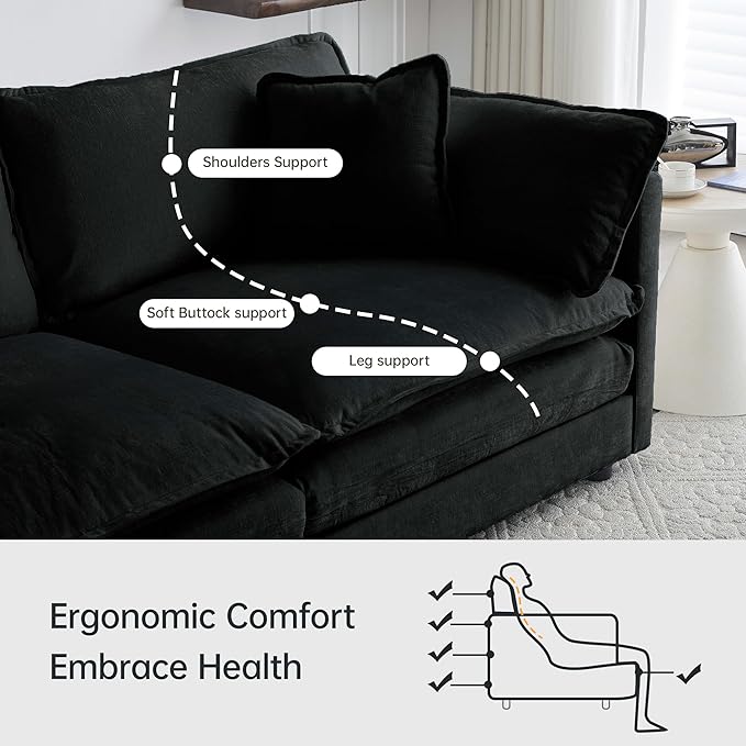 Modular Sectional Sofa, 146.5 Inch U-Shaped Cloud Sofa with Deep Seat Chenille Sofa with Cushions, Four Seater Sectional Sofa for Living Room Apartment,Black
