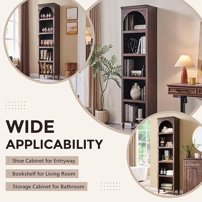 IFGET 76" Tall Arched Bookcase, Farmhouse 5 Tiers Narrow Arched Bookshelf Cabinet with Adjustable Shelves, Modern Wooden Book Shelf w/Storage and Open Display Shelves for Living Room, Office-Brown
