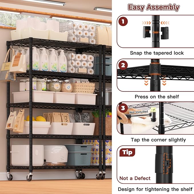PrimeZone 3 Packs 36" W x 16" D x 79" H Wire Storage Shelves with Wheels, 5 Tier NSF Certified Heavy Duty Adjustable Kitchen Shelving Unit, Pantry Organizer Rack Rolling Metal Shelf for Garage Closet