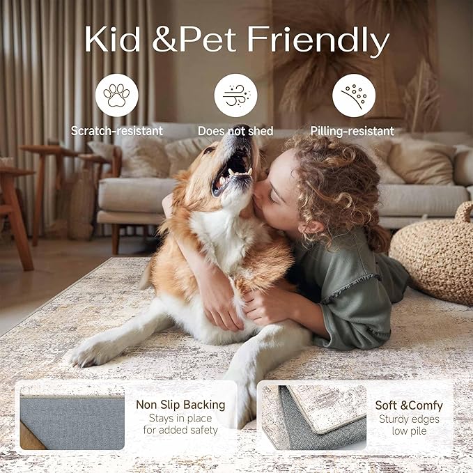 6x6 Washable Round Rug Beige Grey Abstract Non Slip Soft Low Pile Circle Rug for Living Room Bedroom Neutral Modern Indoor Carpet for Dining Room Office Entryway Home Decor
