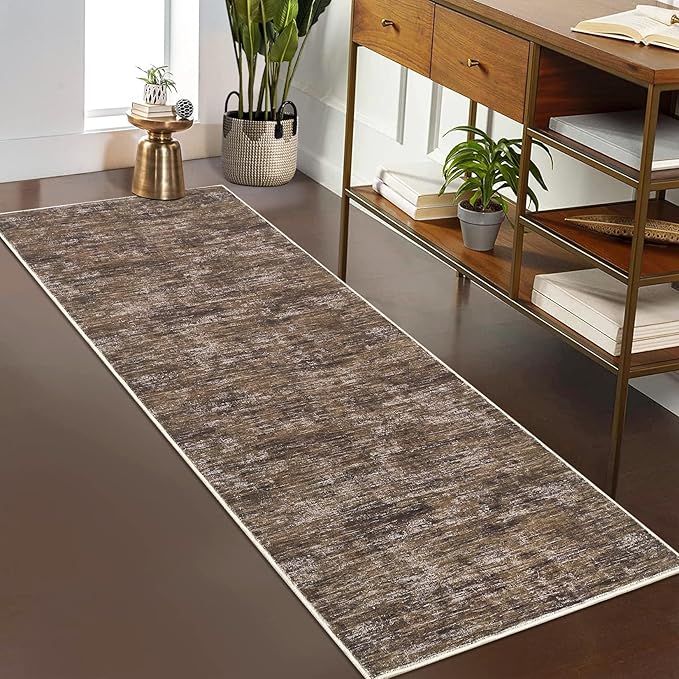 RUGSREAL Modern Runner Rug 2.5x8 Stain Resistant Washable Kitchen Runner Carpet ith Rubber Backing Low Pile Contemporary Solid Color Entryway Mat Ultra Soft Rug for Living Room Bedroom, Brown