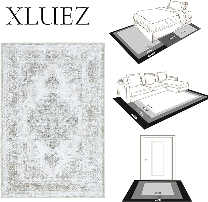 XLUEZ Area Rug 8x10 Living Room Rug, Machine Washable Vintage Distressed Medallion Rug Non-Slip Soft Low Pile Large Indoor Rugs for Bedroom Kitchen Dining Room Office(Taupe,8'x10')