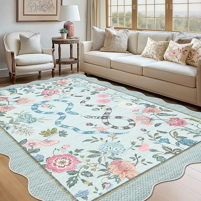 Garvee Snake Washable Area Rugs 8x10 Boho Scalloped Living Room Rugs, Botanical Floral Bedroom Rug, Stain-Resistant Low Pile Floor Carpet for Dining Room Dorm Nursery Playroom Farmhouse Office,Blue