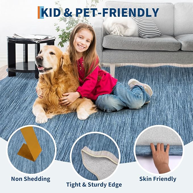 GarveeHome Scalloped Washable Area Rugs 9 x 12 Rug for Living Room Modern Non Slip Throw Rugs Blue Rug Large Bedroom Rugs Low Pile Stain Resistant Carpet for Dining Room Nursery 9 ft x12 ft Blue