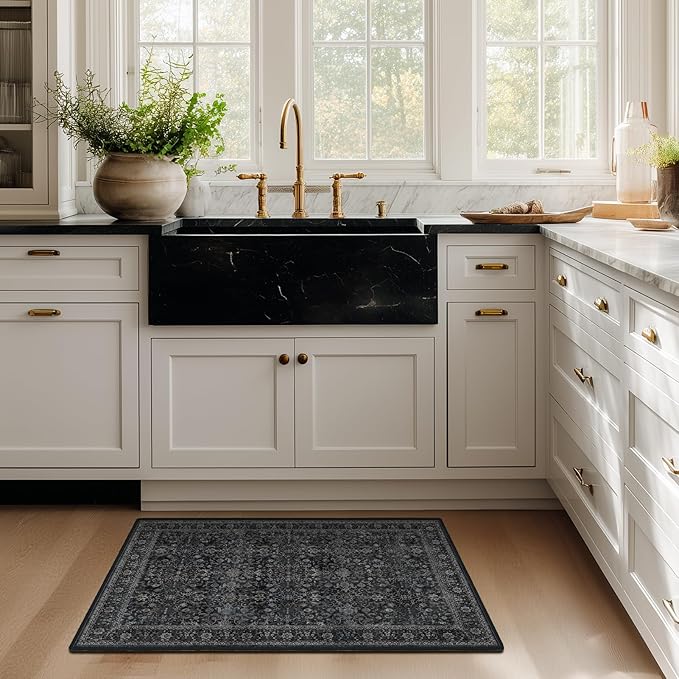 Dark 2x4 Entryway Rug, Vintage Door Mat Indoor Entrance Entry Way, Washable Non Slip Low Pile Thin Small Runner Rug for Kitchen Floor Sink Area Bathroom Bedside, Earth Tone Muted Midnight