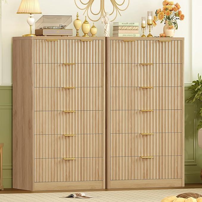 TEENFON 48" Tall Dresser for Bedroom with 7 Drawers, Dressers & Chests of Drawers with Metal Handle, Fluted Dresser, Wood Closet Clothes Storage Organizer for Bedroom, Hallway, Natural