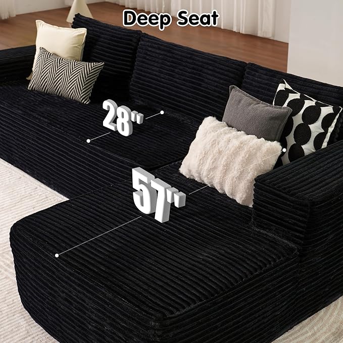 ovios 104" Cloud Boneless Couch with L-Shape Chaise,Modern Sectional Modular Sofa with Deep Seat, Upholstered Couches for Living Room Bedroom,No Assembly Required, Black (Plush Corduroy Fabric)