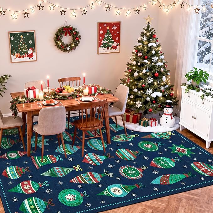 Christmas Area Rug 8x10 Rugs Washable Living Room Rug Xmas Holiday Decor Rugs Christmas Ball Low Pile Boho Rug Indoor Floor Carpet for Bedroom Kitchen Dining Room Home(Xmas Blue, 8'x10')