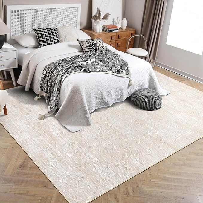 RUGSREAL Bedroom Area Rug 4x6 Modern Abstract Area Rug Stain Resistant Small Living Room Rug Contemporary Dining Room Rug Non-Slip Solid Rug Aesthetic Accent Floor Carpet for Kitchen Office, Beige