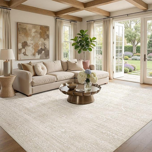 8x10 Area Rug Living Room: Washable Large Vintage Grey Rug Neutral Non-Slip Soft Stain Resistant Indoor Carpet for Bedroom Nursery Dining Room Under Table Bed Home House Office Playroom - Beige White